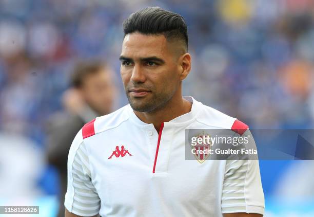 Radamel Falcao of AS Monaco before the start of the Pre-Season Friendly match between FC Porto and AS Monaco at Estadio do Dragao on July 27, 2019 in...