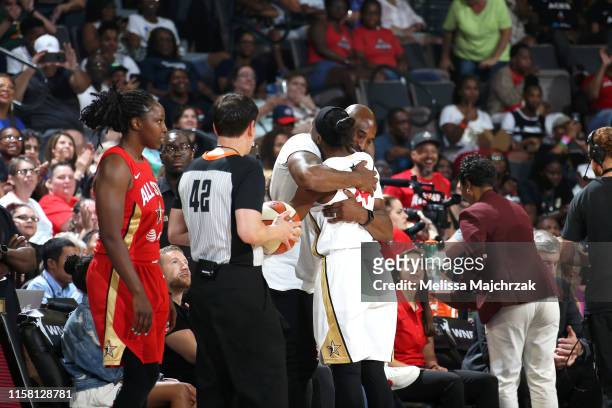 Jewell Loyd of Team Delle Donne hugs NBA Legend, Kobe Bryant during the AT&T WNBA All-Star Game 2019 on July 27, 2019 at the Mandalay Bay Events...