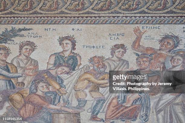 the epiphany of dionysus mosaic, paphos archaeological park - ancient greece stock pictures, royalty-free photos & images