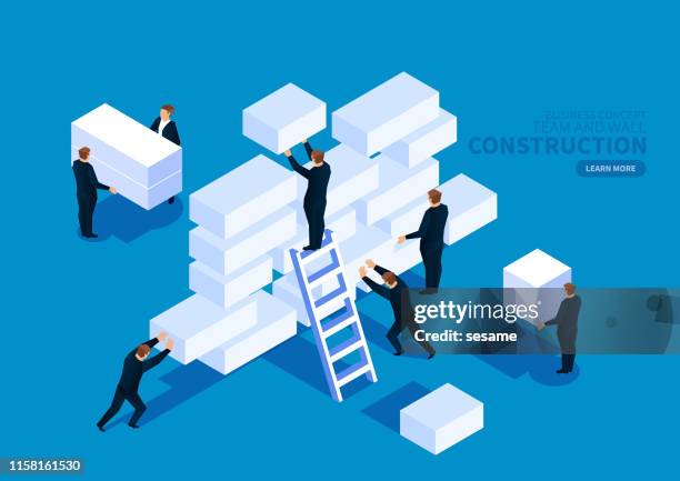 teamwork carrying brick building wall - building activity stock illustrations