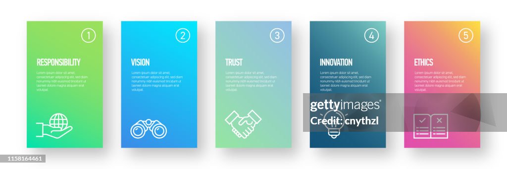 Core Values Infographic Design Template with Icons and 5 Options or Steps for Process diagram, Presentations, Workflow Layout, Banner, Flowchart, Infographic.