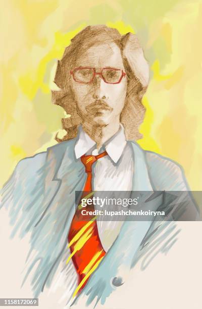 fashionable illustration allegory wind modern artwork impressionism my color drawing on paper vertical portrait figure of a young man in suit and tie with long hair in glasses - yellow jacket stock illustrations