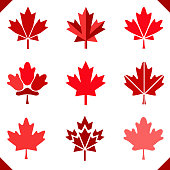 Maple leaf icon in red for Canada flag set of leaves