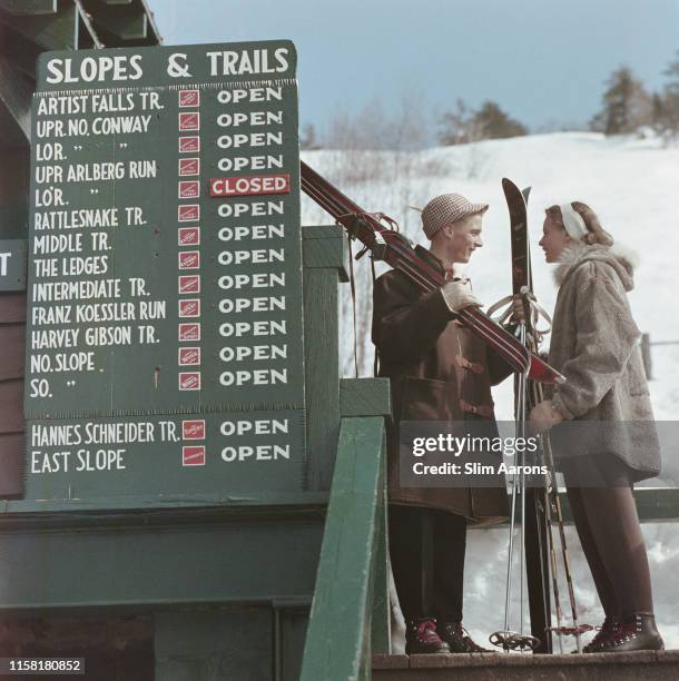 Skiers at the Cranmore Mountain Resort, North Conway, New Hampshire, USA, 1955.