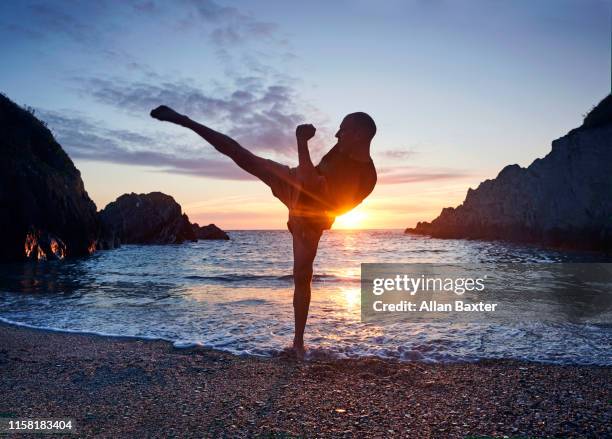 man practising kung fu kick along beach at sunset - 武道 ストックフォトと画像