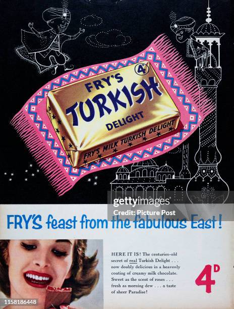 Fry's Turkish Delight chocolate bar on a magic carpet with the caption 'Fry's feast from the fabulous East'. Original Publication: Picture Post Ad -...