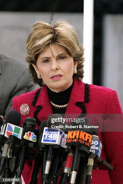 Gloria Allred, attorney to Amber Frey gives a press conference during the lunch break the day Amber Frey testifies at the Scott Peterson murder...
