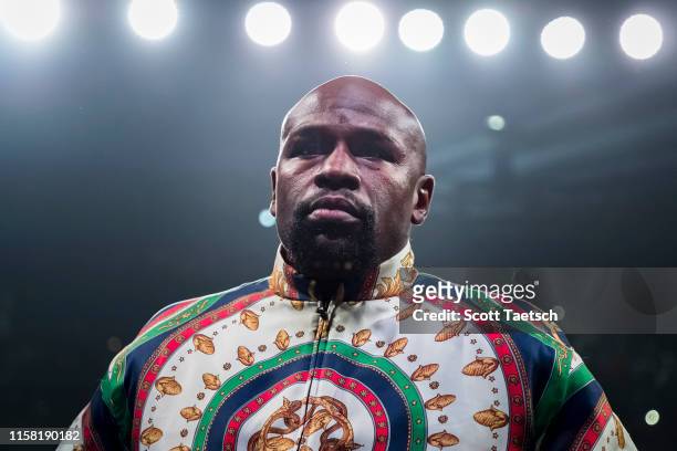 Fight promoter and retired professional boxer Floyd Mayweather Jr. In the ring before the WBA super featherweight championship fight between Gervonta...