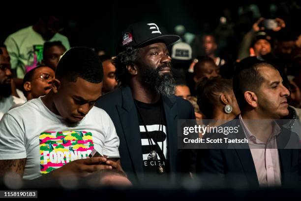 Former Baltimore Ravens safety Ed Reed looks on before the WBA super featherweight championship fight between Gervonta Davis and Ricardo Nunez at...