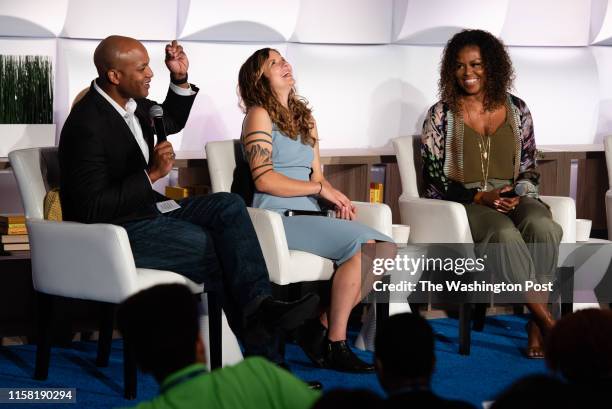 Panelists, from left to right are Wes Moore, of Robin Hood, Rachel Scott a Beating the Odds alum and recent graduate of University of Washington, and...
