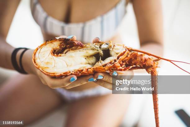 bikini clad woman offering a half crayfish - south africa crayfish stock pictures, royalty-free photos & images