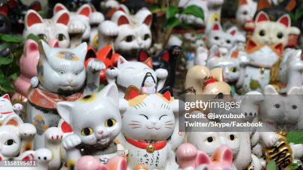 cat statues at a shrine near kyoto, japan - helgedom bildbanksfoton och bilder