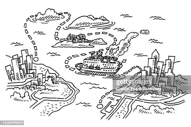 stockillustraties, clipart, cartoons en iconen met harbor city cruiseschip route tekening - ferry pollution