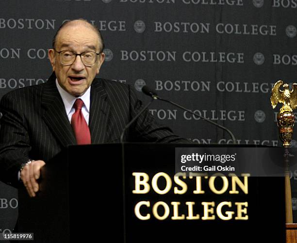 Alan Greenspan, Chairmain of the Board of Governors of the Federal Reserve System gives the keynote address at the Boston College Finance Conference...