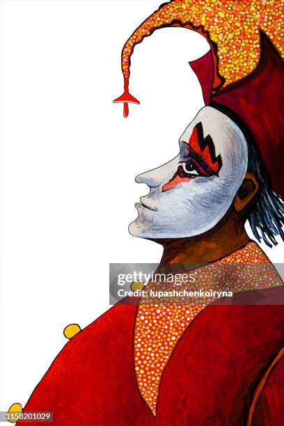fashionable illustration modern artwork allegory my original oil painting on canvas symbolic vertical portrait stage character harlequin clown male profile in a theatrical costume of bright shades of red with a polka dot collar of shiny fabrics headdress - theater gala stock illustrations