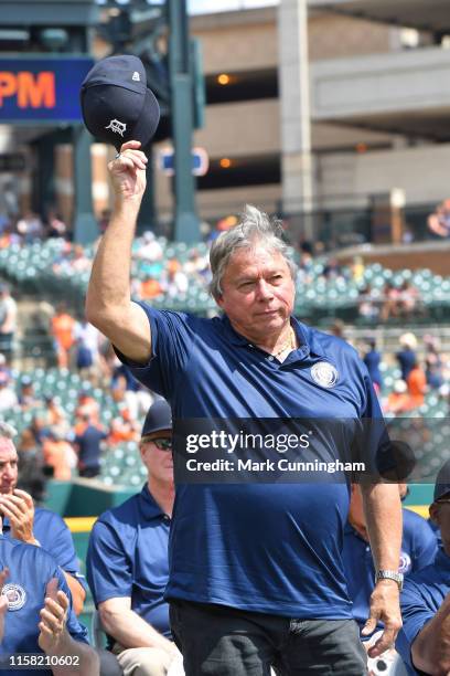 Former Detroit Tigers first baseman Darrell Evans waves to the crowd during the ceremony to honor the 35th anniversary of the 1984 Detroit Tigers...