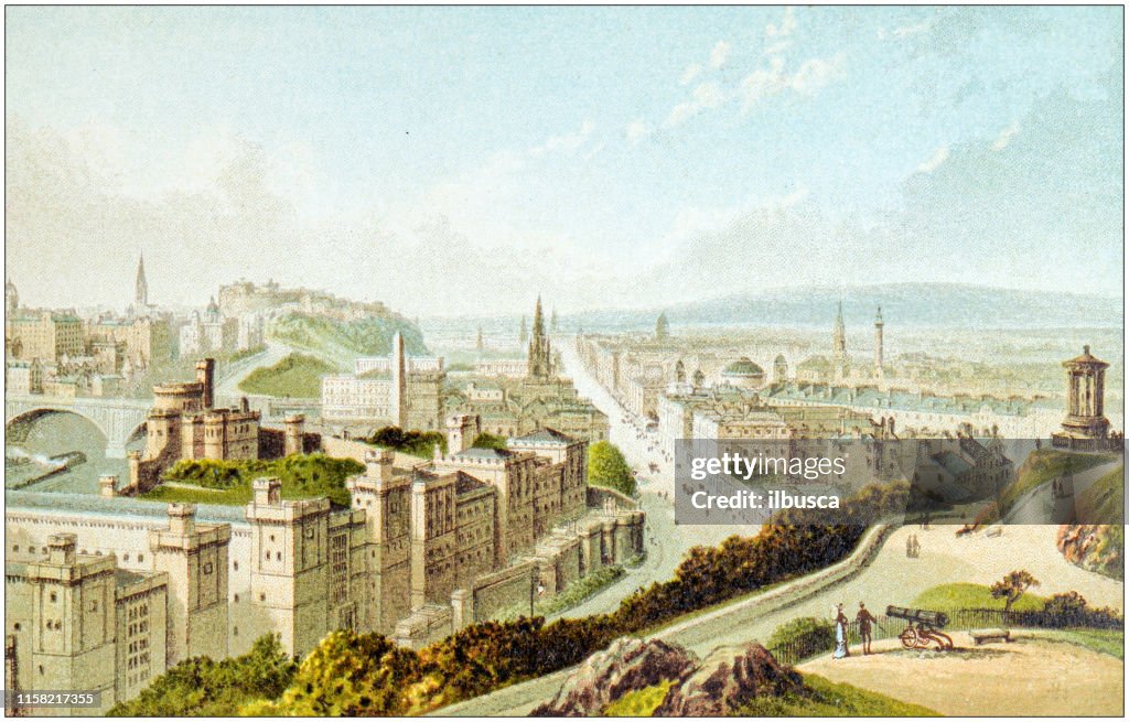Antique painting of Scotland cities, lakes and mountains: Edinburgh from Calton Hill