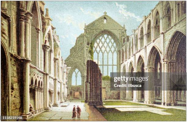 antique painting of scotland cities, lakes and mountains: holyrood chapel, edinburgh - ruined stock illustrations