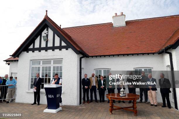 James Sugrue of Ireland winner of the R&A Amateur Championship talks during the trophy presentation during day six of the R&A Amateur Championship at...