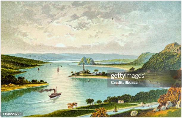 ilustrações, clipart, desenhos animados e ícones de pintura antiga de cidades, de lagos e de montanhas de scotland: o clyde do monte de dalnotter - river clyde
