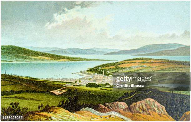ilustraciones, imágenes clip art, dibujos animados e iconos de stock de pintura antigua de ciudades, lagos y montañas de escocia: rothesay - clyde river