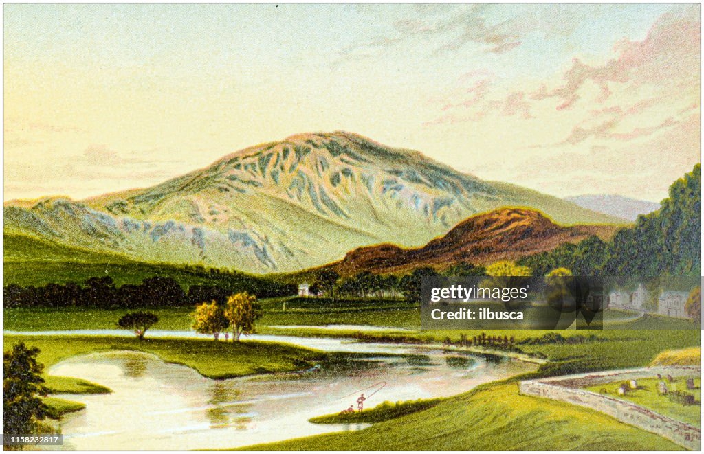 Antique painting of Scotland cities, lakes and mountains: Ben Ledi from Callander Bridge