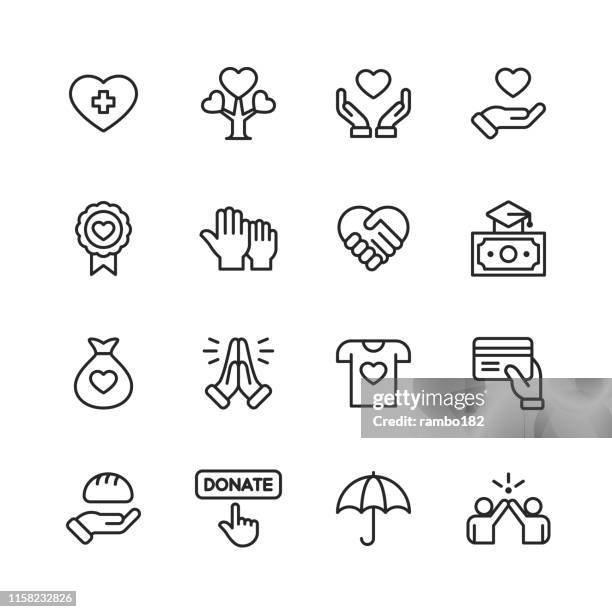 ilustraciones, imágenes clip art, dibujos animados e iconos de stock de iconos de la línea de caridad y donación. trazo editable. píxel perfecto. para móviles y web. contiene iconos como caridad, donación, árbol, salud, educación, beca, comida. - beca
