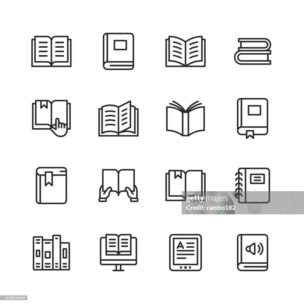 Buchlinie Icons. Bearbeitbarer Strich. Pixel perfekt. Für Mobile und Web. Enthält Symbole wie Buch, Offenes Buch, Notizbuch, Lesen, Schreiben, E-Learning, Hörbuch.