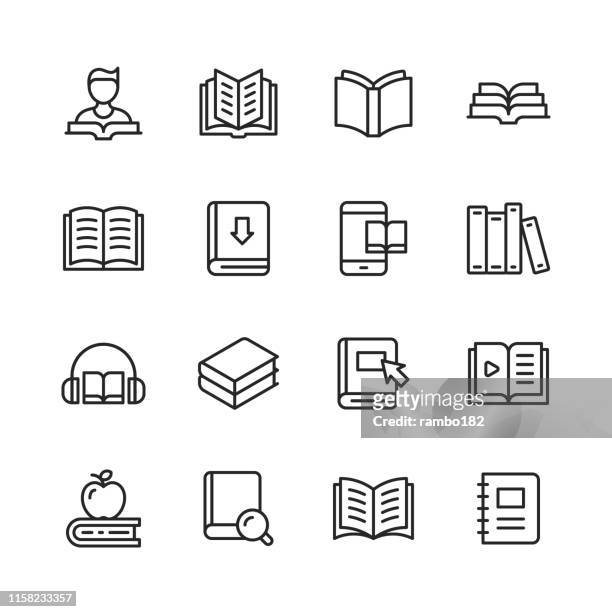 book line icons. editable stroke. pixel perfect. for mobile and web. contains such icons as book, open book, notebook, reading, writing, e-learning, audiobook. - book icon stock illustrations
