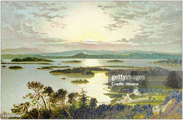 antique painting of scotland cities, lakes and mountains: loch lomond - loch lomond trees stock illustrations