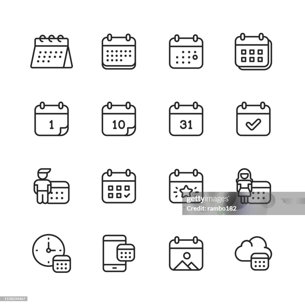 Kalender-Linien-Symbole. Bearbeitbarer Strich. Pixel perfekt. Für Mobile und Web. Enthält Symbole wie Kalender, Termin, Zahlung, Feiertag, Uhr.