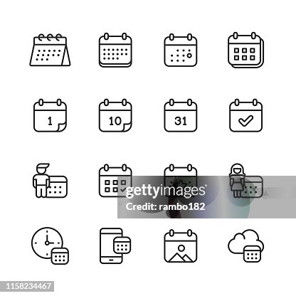 Kalender-Linien-Symbole. Bearbeitbarer Strich. Pixel perfekt. Für Mobile und Web. Enthält Symbole wie Kalender, Termin, Zahlung, Feiertag, Uhr. Kalender-Linien-Symbole. Bearbeitbarer Strich. Pixel perfekt. Für Mobile und Web. Enthält Symbole wie Kalender, Termin, Zahlung, Feiertag, Uhr.