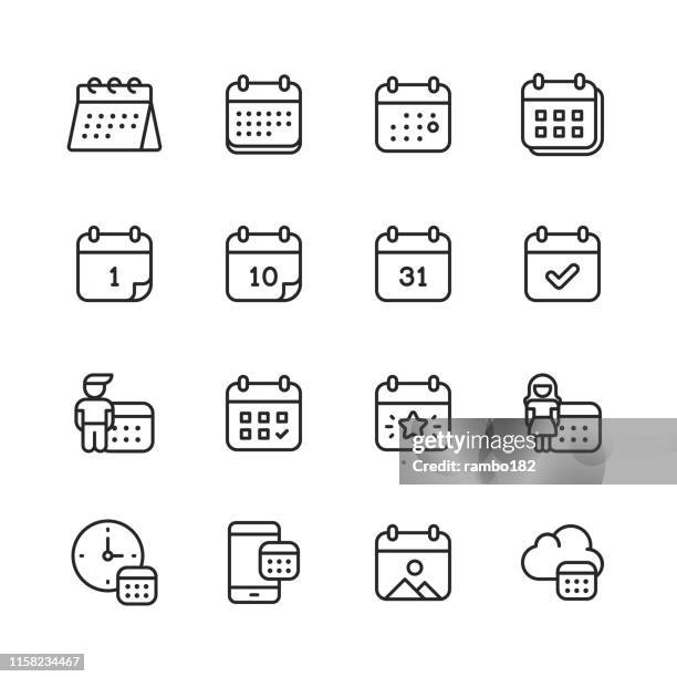 ilustraciones, imágenes clip art, dibujos animados e iconos de stock de iconos de línea de calendario. trazo editable. píxel perfecto. para móviles y web. contiene iconos como calendario, cita, pago, vacaciones, reloj. - mes