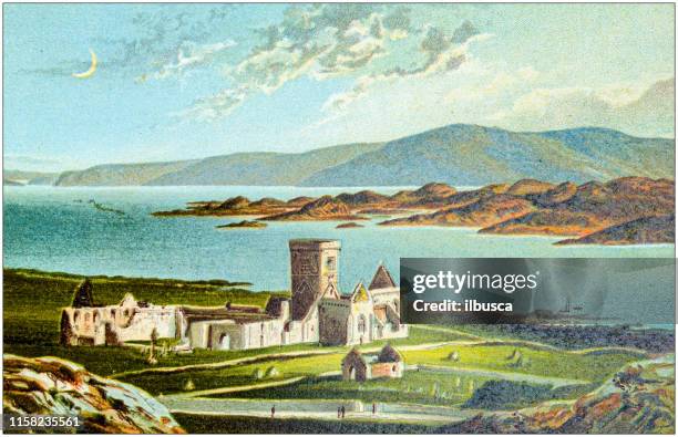 antique painting of scotland cities, lakes and mountains: iona - italian painting stock illustrations