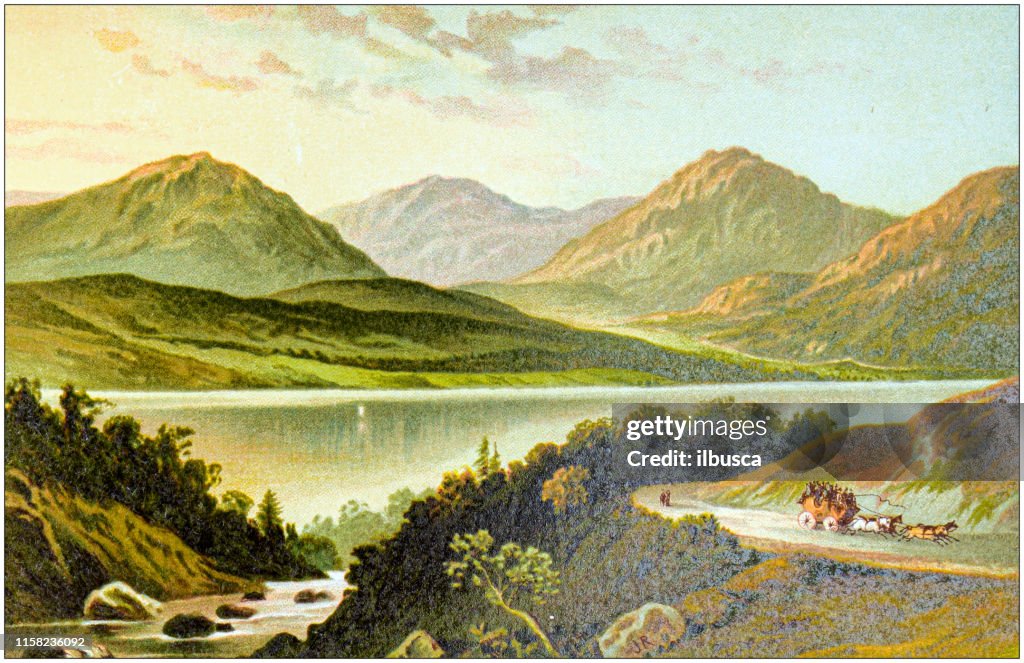 Antique painting of Scotland cities, lakes and mountains: Loch Lomond