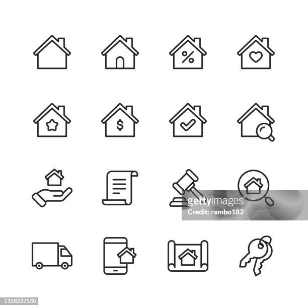 immobilien linie icons. bearbeitbarer strich. pixel perfekt. für mobile und web. enthält symbole wie gebäude, familie, schlüssel, hypothek, bau, haushalt, umzug. - wohnhaus stock-grafiken, -clipart, -cartoons und -symbole