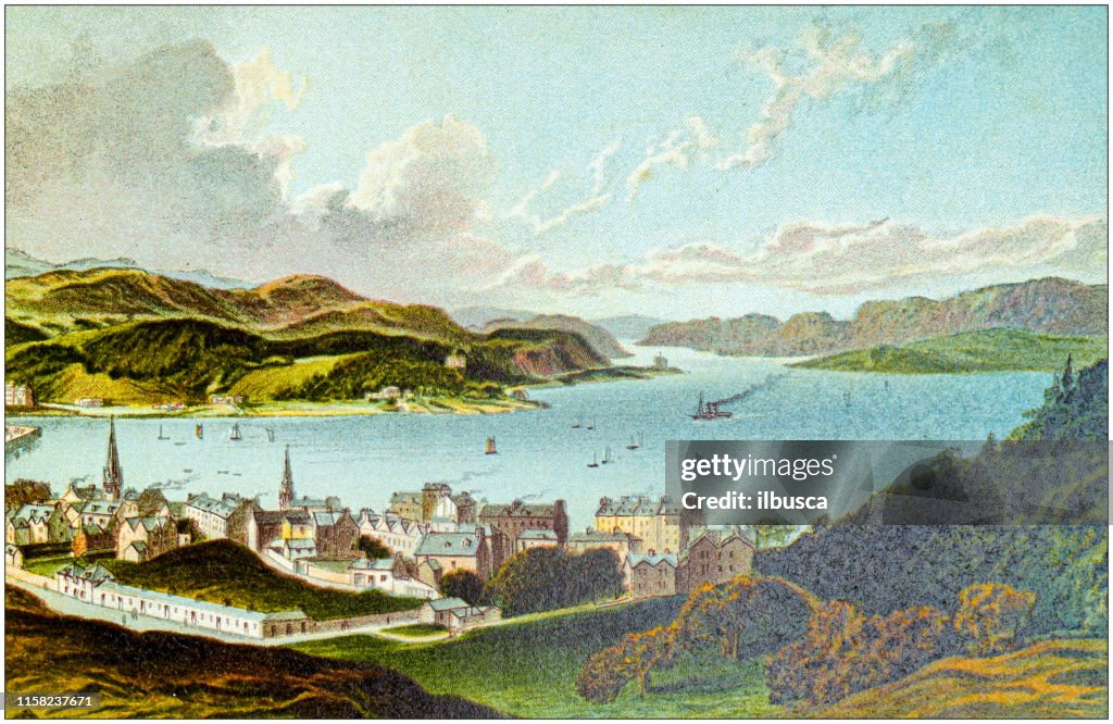 Antique painting of Scotland cities, lakes and mountains: Oban Bay and Sound of Kerrera
