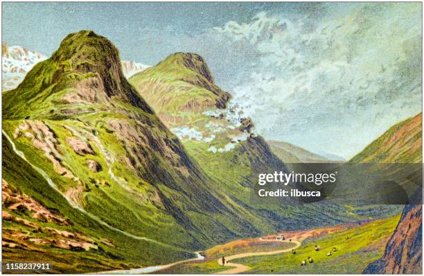 antike malerei von schottischen städten, seen und bergen: pass von glencoe - glen coe stock-grafiken, -clipart, -cartoons und -symbole