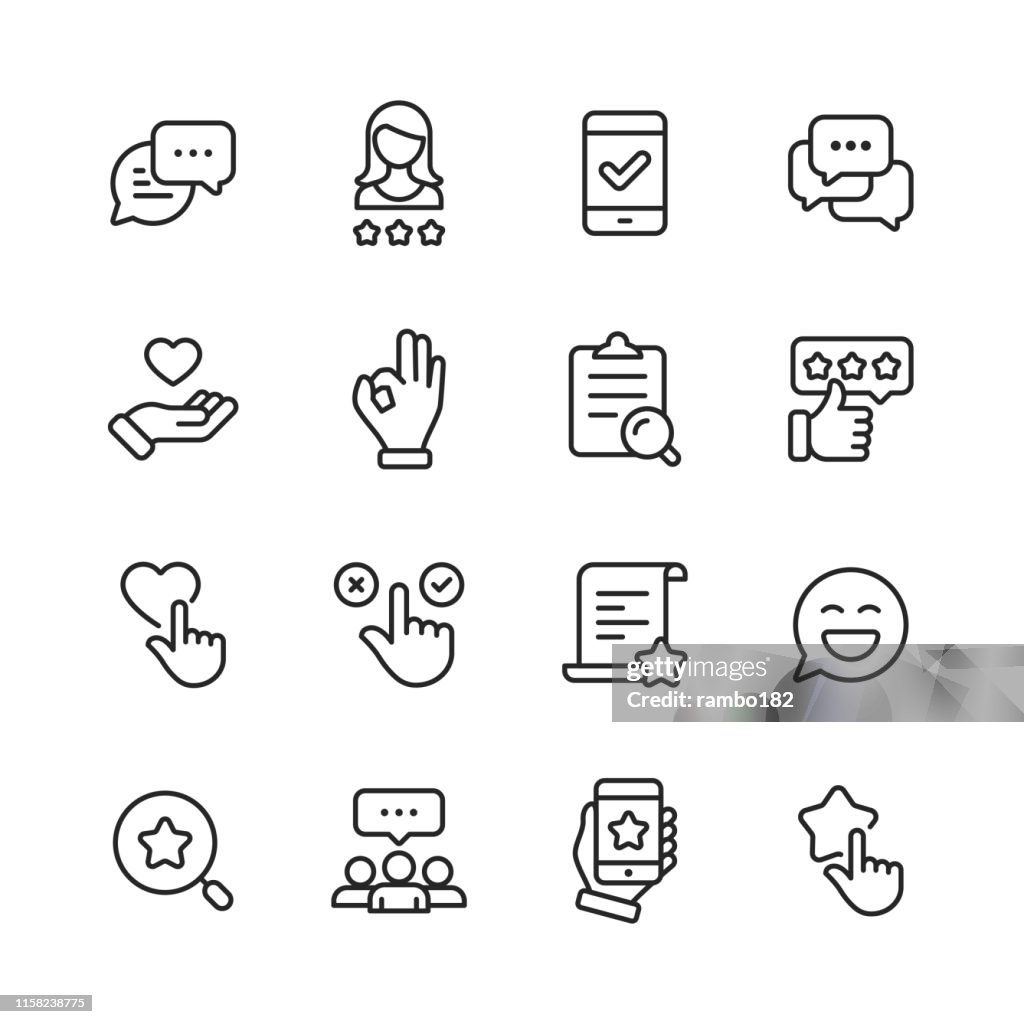 Feedback und Testimonials Line Icons. Bearbeitbarer Strich. Pixel perfekt. Für Mobile und Web. Enthält Symbole wie Feedback, Testimonials, Survey, Review, Zwischenablage, Happy Face, Like Button, Daumen nach oben, Abzeichen.