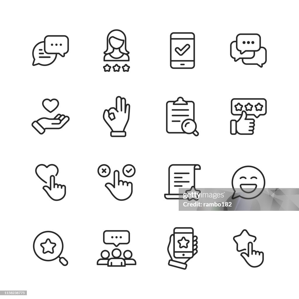 Feedback och vittnesmål linje ikoner. Redigerbar stroke. Pixel perfekt. För mobil och webb. Innehåller sådana ikoner som feedback, vittnesmål, Survey, översyn, Urklipp, Happy Face, som Button, tummen upp, Badge.