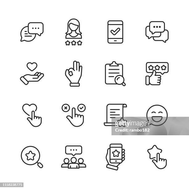 feedback and testimonials  line icons. editable stroke. pixel perfect. for mobile and web. contains such icons as feedback, testimonials, survey, review, clipboard, happy face, like button, thumbs up, badge. - mobile app stock illustrations