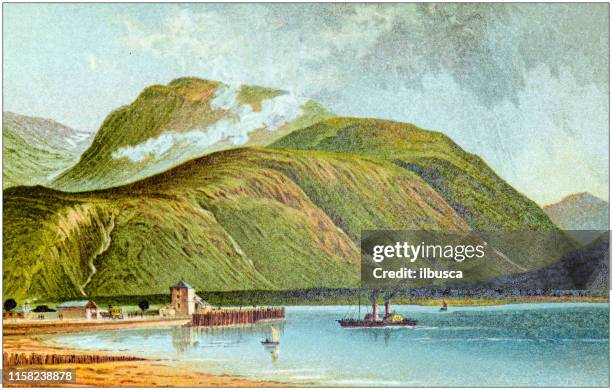 antique painting of scotland cities, lakes and mountains: ben nevis from corpach - ben nevis scotland stock illustrations