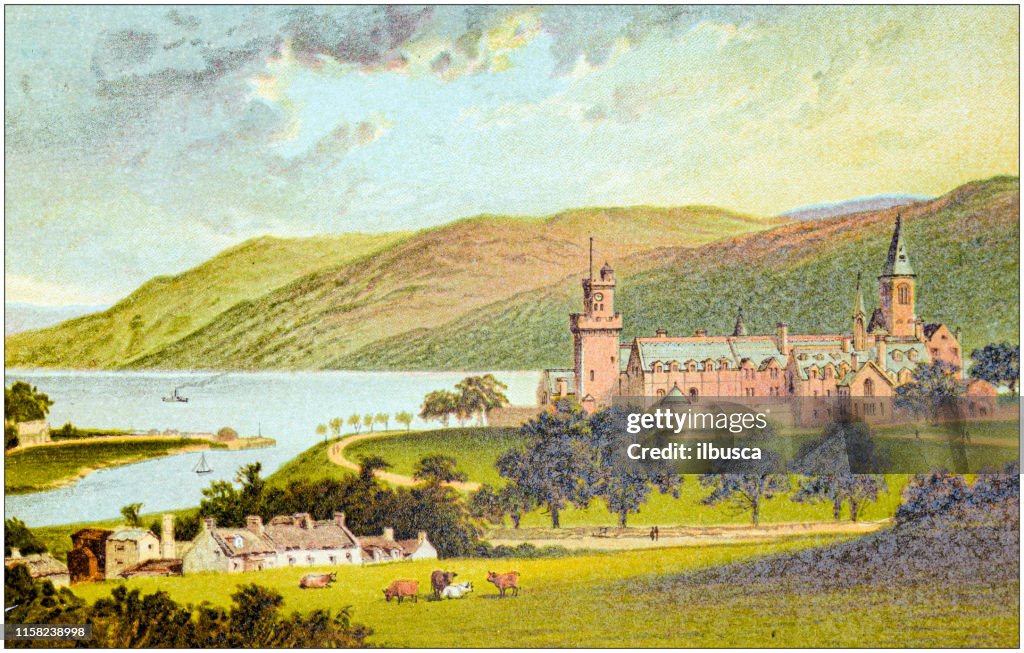 Antique painting of Scotland cities, lakes and mountains: The Monastery, Fort Augustus