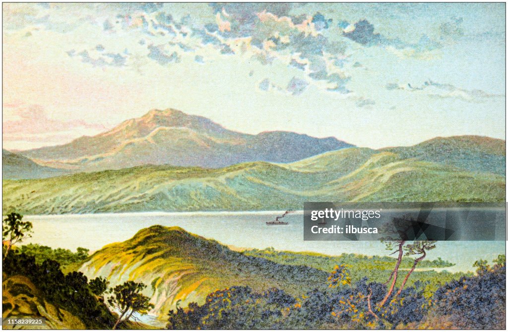 Antique painting of Scotland cities, lakes and mountains: Loch Ness