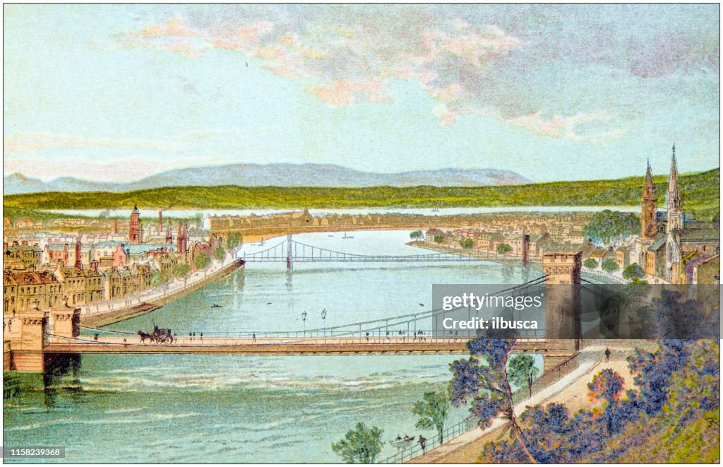 Antique painting of Scotland cities, lakes and mountains: Inverness