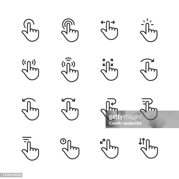 illustrazioni stock, clip art, cartoni animati e icone di tendenza di icone di linea dei gesti touch screen. tratto modificabile. pixel perfetto. per dispositivi mobili e web. contiene icone come touchscreen, gesto, mano, avvicinamento delle dita, zoom, scorrimento, tocco. - sparse
