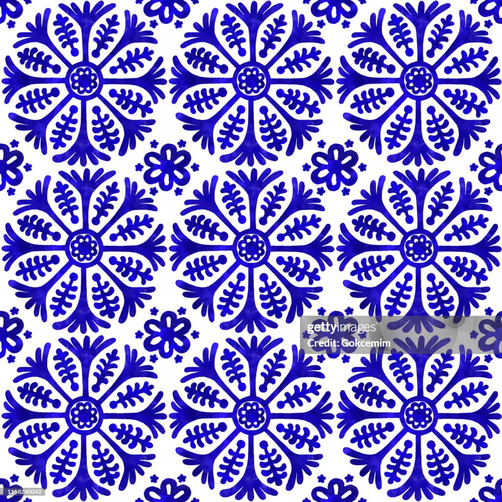 Aquarell von Hand bemalt Marine blau Fliesen. Vektor-Fliesen-Muster, Lissabon arabischen Blumen Mosaik, Mittelmeer nahtlose Marine blau Ornament