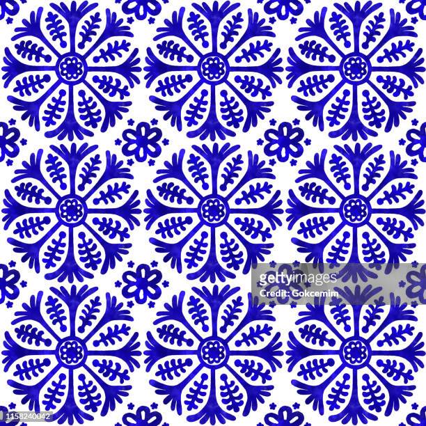 ilustraciones, imágenes clip art, dibujos animados e iconos de stock de acuarela pintado a mano azul marino azulejo. patrón de teja vectorial, mosaico floral árabe de lisboa, ornamento azul marino sin costuras del mediterráneo - tejido adamascado