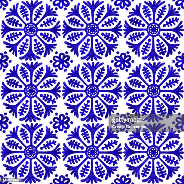 stockillustraties, clipart, cartoons en iconen met aquarel handgeschilderde navy blue tile. vector tegelpatroon, lissabon arabisch bloemenmozaïek, mediterrane naadloze navy blauw ornament - paisley pattern