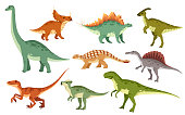 Cartoon dinosaur set. Cute dinosaurs icon collection. Colored predators and herbivores. Flat vector illustration isolated on white background